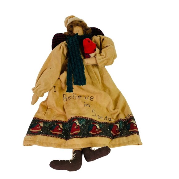 Primitive Christmas Angel Rag Doll Folk Art Handmade Signed VTG Rustic Country - Picture 4 of 16